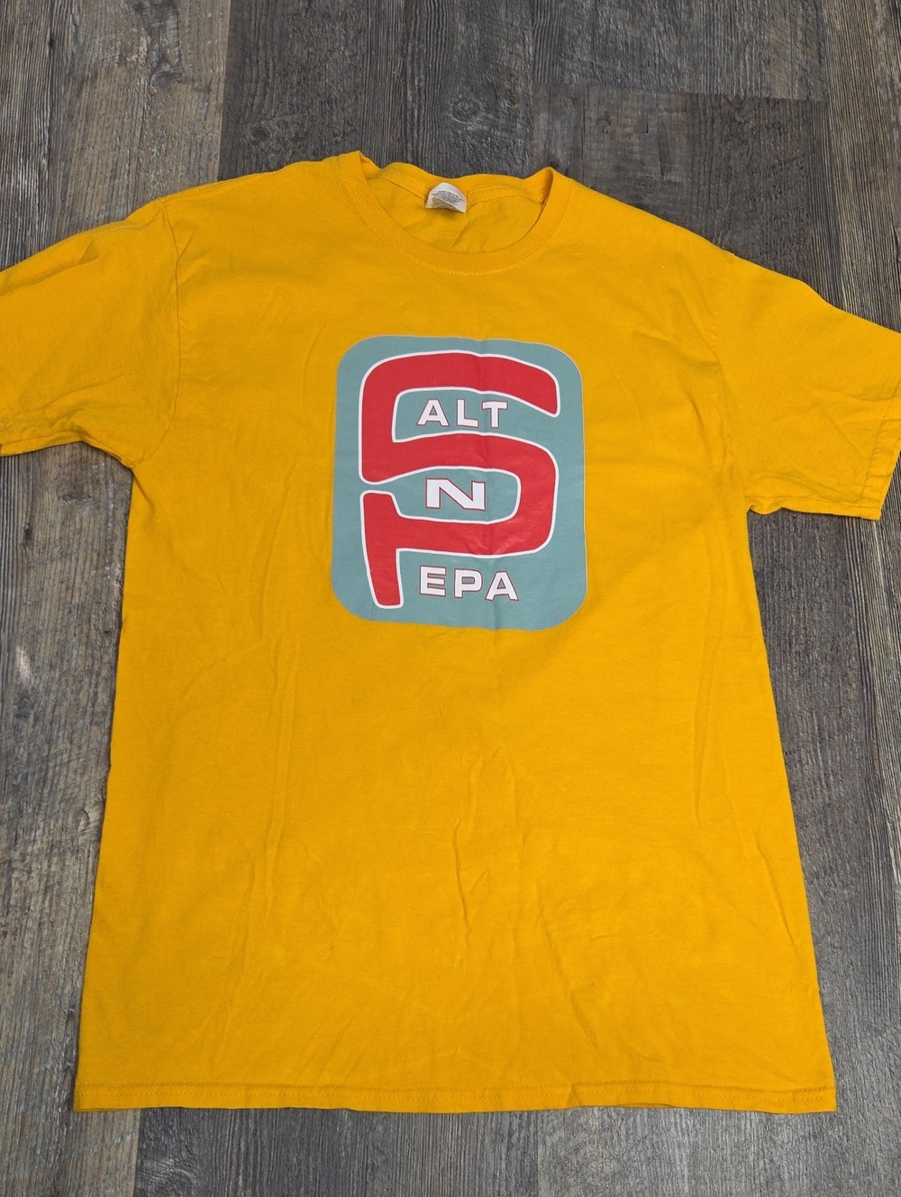 Fruit of the Loom Yellow Short Sleeve Tee with Red & Teal Graphic